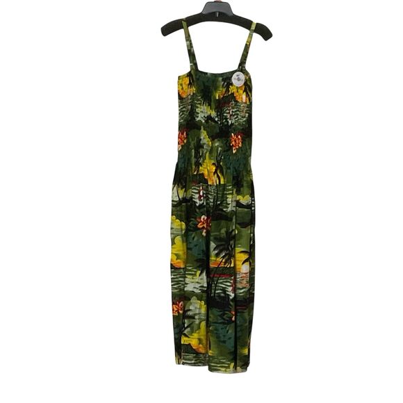 Island Planet Hunter Green Tropical Floral Smocked Midi Dress Size Medium New - Picture 1 of 6